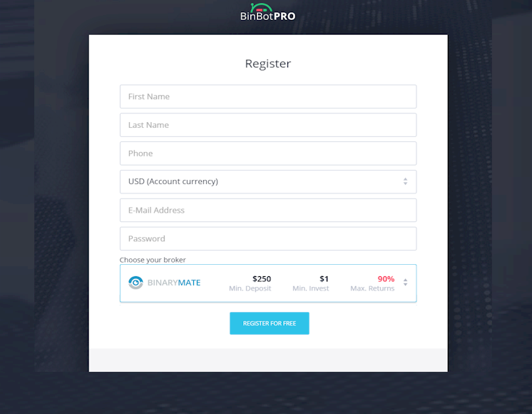 BinBot Pro Account Registration Form